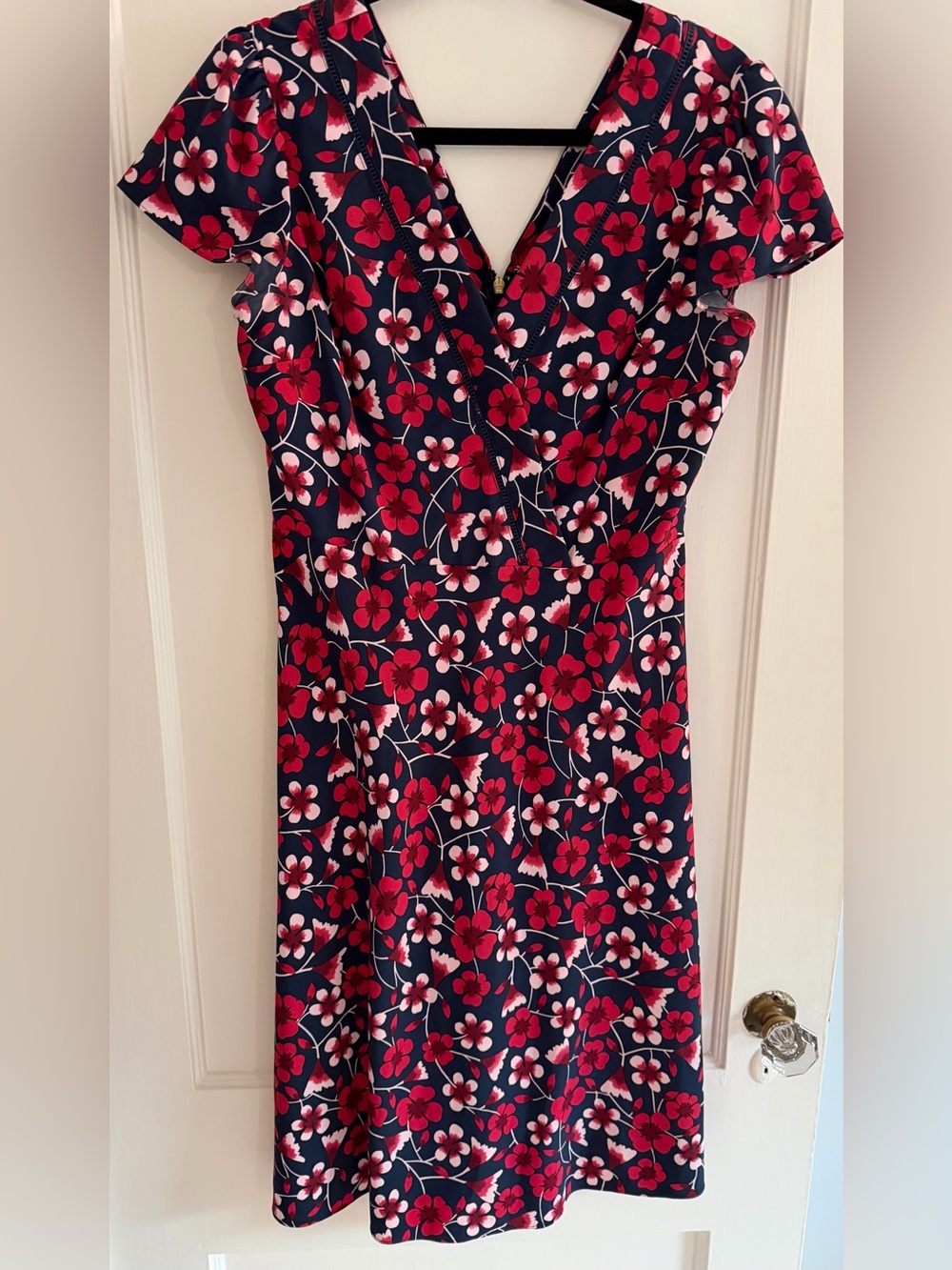 Draper James Yoke Trimmed Dress, NavyDress Red & Pink Floral Print, Size 8